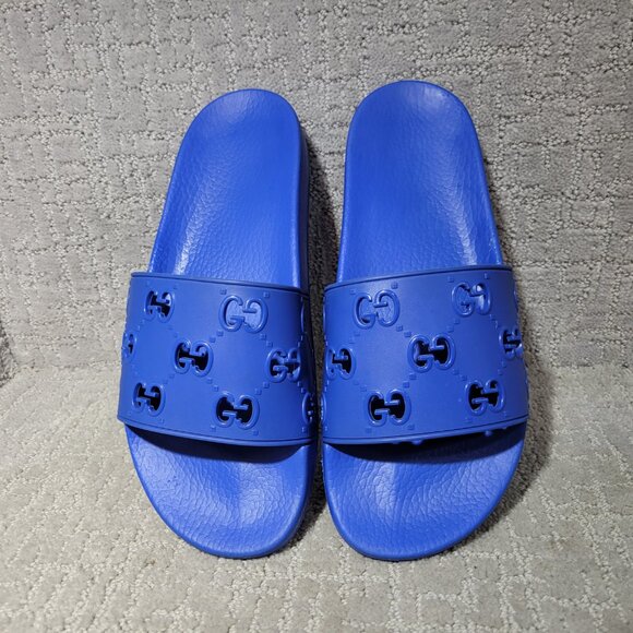 Gucci Pursuit Slide Men's Size US 10 Blue Rubber GG Perforated Sandals. - Picture 1 of 10